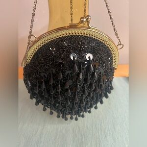 60's Beaded Black Handbag w/ Long Chain